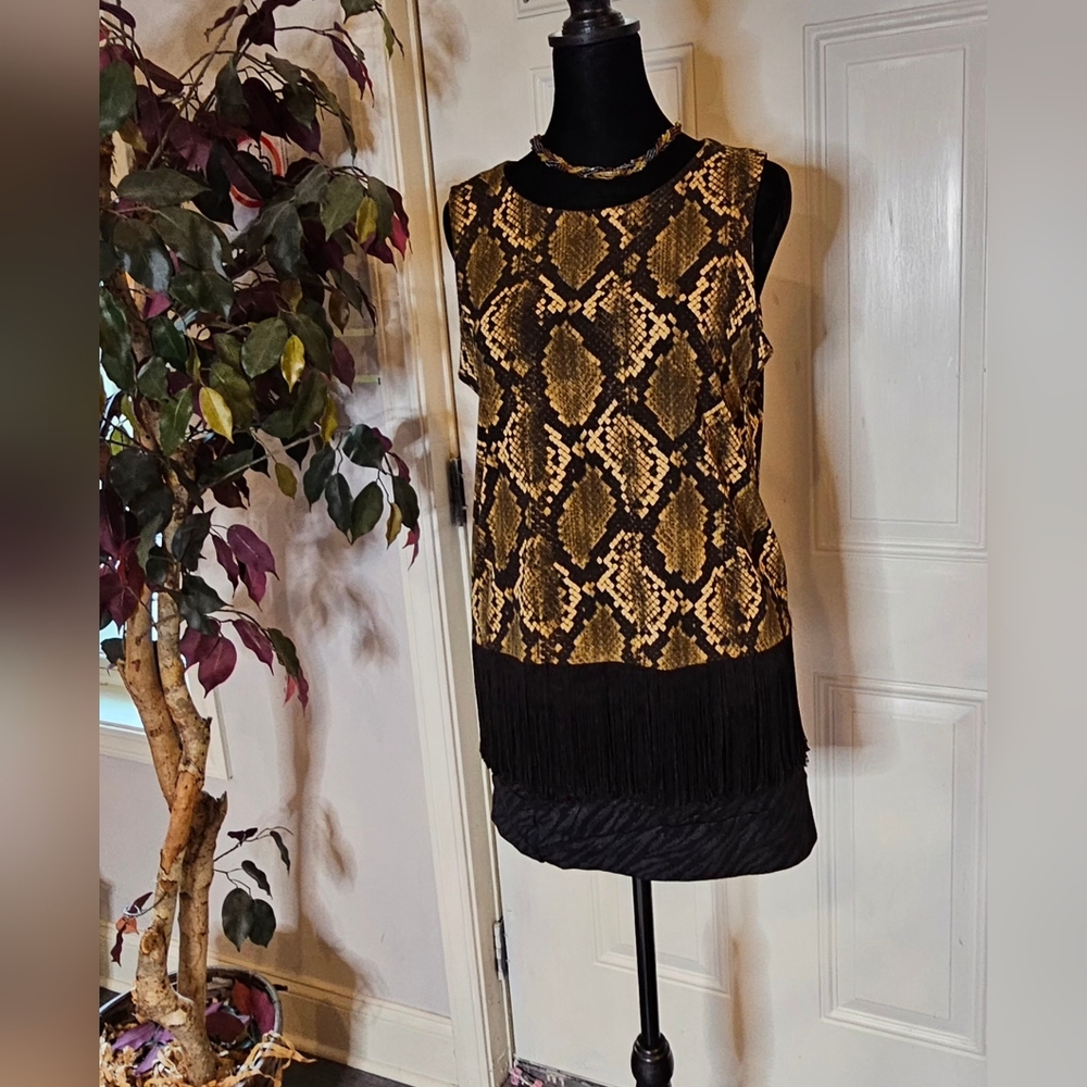 Michael Kors Black and Yelloy Snake Print Fringe Tank